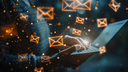 Poster - Hand playing with laptop with envelope icon overlaid on it.