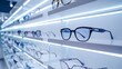 A row of eyeglasses on a shelf in a store. Modern optical shop background, Glasses assortment display