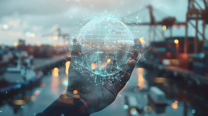 Wall Mural - Photo close up of businessman hands holding pad with abstract digital logistics delivery and transportation hologram with globe and network on blurry dock background double exposure. Generative Ai