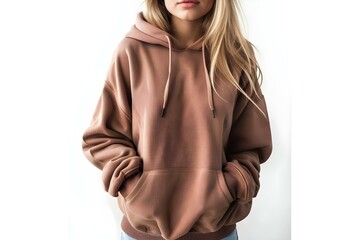 Wall Mural - Girl In Brown Hoodie On White Background Mock Up . Concept Fashion Photography, Studio Lighting, Lifestyle Photoshoot, Casual Outfit, Neutral Tones
