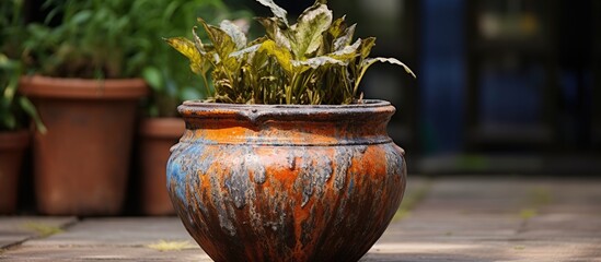 Wall Mural - A houseplant is placed in a flowerpot on a hardwood table, creating a natural and aesthetic display of terrestrial plant life indoors