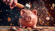 Piggy bank being smashed with hammer, coins flying. Breaking the bank concept. Shallow field of view.