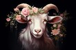 a goat with flowers on its head