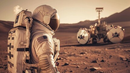 Wall Mural - future of space exploration an astronaut gazes at mars research station