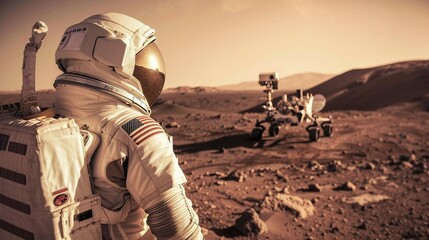 Wall Mural - astronaut on mars surveys the red planet with his base in sight