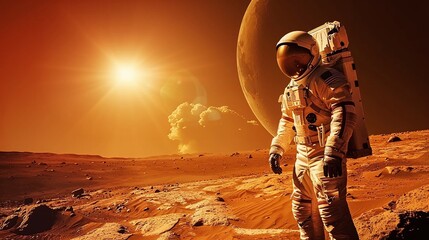 Wall Mural - the red planet hosts its first visitor as an astronaut looks toward his base signaling the beginning