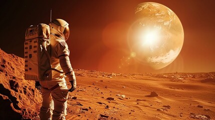 Wall Mural - a lone astronaut stands on the surface of mars watching over his base a symbol of human advancement 