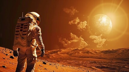 Wall Mural - an astronaut against the stark backdrop of mars highlights the dawn of space colonization and interp