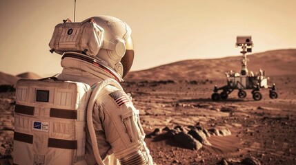 Wall Mural - astronaut on the red planet gazes towards the horizon where his base lies as humanity embarks on its
