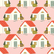 Seamless vector pattern with cute little country cottage in flat style. Cartoon farmhouse background. Countryside building with fence and chimney. Wallpaper, wrapping paper design