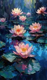 Fototapeta Kwiaty - delicate beauty of garden reflections, with water lilies and purple flowers mirrored on the shimmering surface of a tranquil pond against a backdrop of soft blue hue