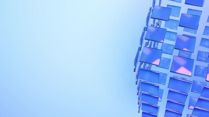 Poster - Blue minimalist translucent cube of glass blocks rotate on light blue background. 3d render animation loopable