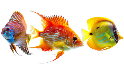 Animals popular fish pets aquarium salt water ocean sea fish banner panorama - Collection of different 3 fishes, isolated on white background PNG