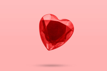 Wall Mural - red heart shape crystal valentines day symbol sticker isolated on pink background