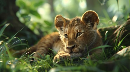 Wall Mural - a cute lion cub finds comfort in the grass of its natural habitat