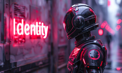 Poster - futuristic robot concept with identity neon sign reflecting the modern challenges of technology, art