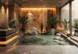 an office with a reception area with plants and water features