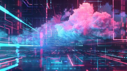 Wall Mural - Digital informational technology web futuristic hologram with cloud, Storage technology, copy and text space, 16:9