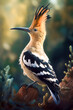 A colorful bird with a long beak and expressive crest sits amidst nature, showcasing a blend of elegance and wild beauty