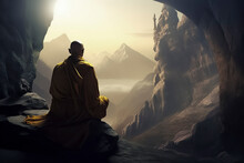 A Monk Meditating In A Cave Overlooking Misty Mountains, Symbolizing Tranquility And Spiritual Elevation