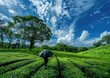 A person holding an umbrella walks through the tea garden with rolling hills of a full green park in the morning with white clouds spread on the sky above the trees