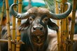 A photo of an Asian water buffalo in the market staring at the camera from inside wooden bamboo bars with grass during sunshine in the morning