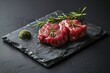a professional photography of an expensive slit raw meat decorated on a plate on a black table with green leaves in a modern house during sunshine in the morning