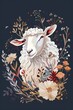 A cute young white sheep with white wool surrounded by flowers and plants head isolated on a dark blue background