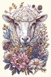 A cute young white sheep with white wool surrounded by flowers and plants head isolated on a bright white background