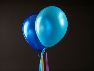 Closeup photograph of two blue balloons on black background, dark blue and light blue ballons tied with colored ribbons, symbol of festive special event, anniversary celebration, birthday party