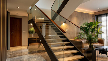 Wall Mural - Open staircase design in the hall featuring a modern and sleek aesthetic.