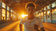 Young african american man jogging on the street at sunset