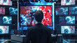 A focused observer monitors a virus outbreak scenario on multiple displays in a state-of-the-art control room