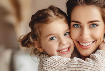 Wall Mural - Loving mother hugging daughter. Banner with copyspace.