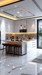 Modern luxury kitchen interior with marble elements, in a private house, mansion, villa.