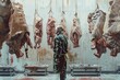many large pieces of fresh and old meat white and covered with red blood hanging from the ceiling with silver chains isolated in a modern market in smoke in the morning