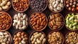 Assorted nuts arranged in a natural pattern, top view background with various kinds of nuts
