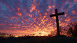 Wooden cross against cloudy sky at the sunset, Christian crucifix, low angel view, church holiday background