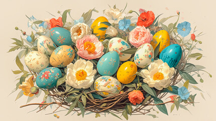 Wall Mural - Colorful Easter eggsand flowers in a nest on ivory background.