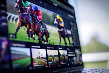 Dynamic online horse racing bet concept. laptop displaying vivid, motion blurred race