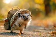 Hedgehog the traveler with a big backpack is going camping in park or back to school concept