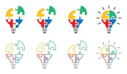 Set of light bulb puzzle icons. Lamp symbol with jigsaw inside. Business concept, idea, strategy. Four puzzle pieces with light bulbs. Vector illustration.