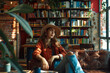 A woman wearing a hat is relaxing on a couch in front of a bookcase filled with publications. She appears to be enjoying some leisure time surrounded by art and books