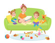 Children read a book while sitting on the sofa. Isolated on white background. Vector flat illustration.
