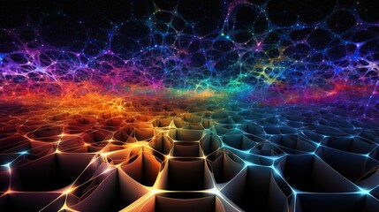 Poster - A vibrant digital landscape forming a matrix-like terrain, signifying the meshing of virtual and physical realms, ideal for depicting technology, network, and data concepts.