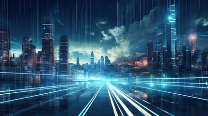 Poster - Futuristic skyline under a digital rain, capturing the essence of data flow in a cyber city, ideal for backgrounds in tech presentations, with ample space for text.
