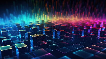 Poster - This artwork presents an abstract horizon made of luminous neon blocks, symbolizing concepts of data analysis, perfect for backgrounds in tech and science, with space for text.
