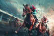 Leading jockey and horse in a decisive racing moment, heightened by explosive graphic elements