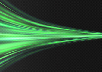 Green glowing shiny lines effect vector background. Luminous white lines of speed. Light glowing effect. Light trail wave, fire path trace line and incandescence curve twirl.