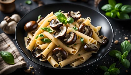 Wall Mural - Porcini and woodland mushrooms pasta with pecorino cheese, basil in black bowl
